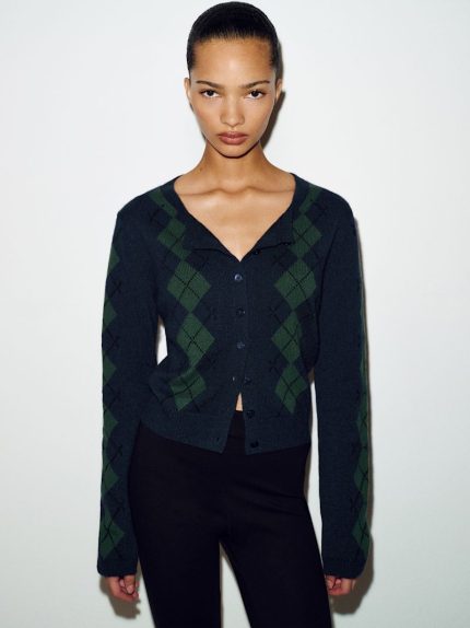 Navy Multi Argyle Clara Cashmere Crew Cardigan
