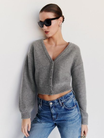 Mid Grey Sloane Regenerative Wool Cropped V-Neck Cardigan