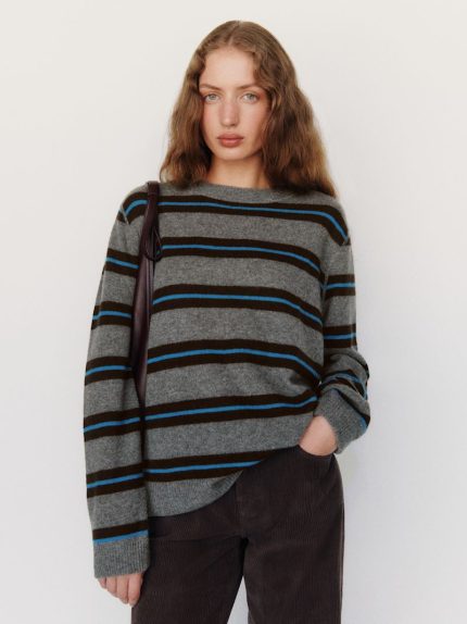 Thunder Cerulean Multi Stripe Cashmere Boyfriend Sweater