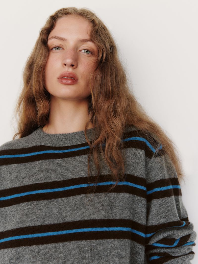 Thunder Cerulean Multi Stripe Cashmere Boyfriend Sweater - Image 3