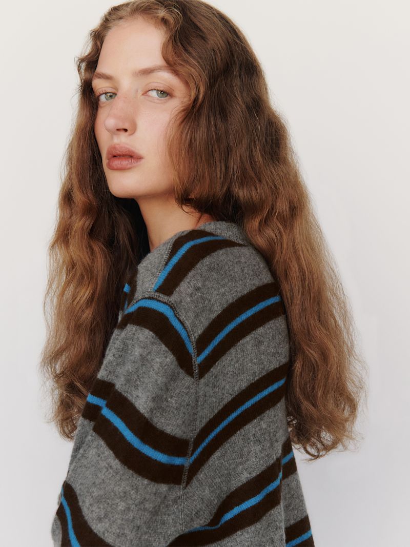 Thunder Cerulean Multi Stripe Cashmere Boyfriend Sweater - Image 4