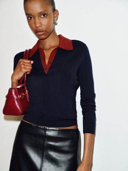 Navy Chianti Contrast Placket Hermia Regenerative Merino Polo